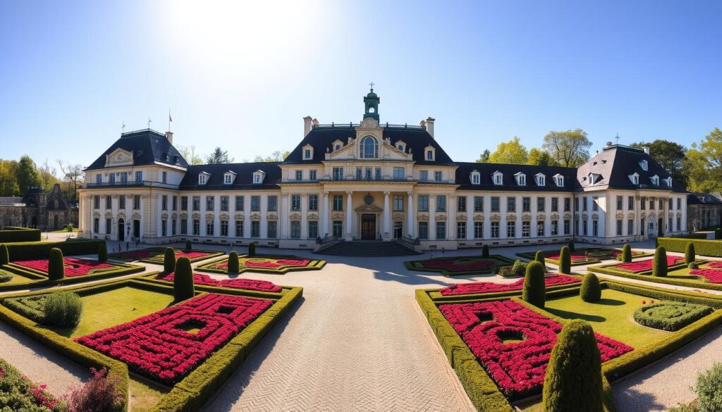 Panoramaansicht von Schloss Fasanerie in Fulda mit barocken Gartenanlagen