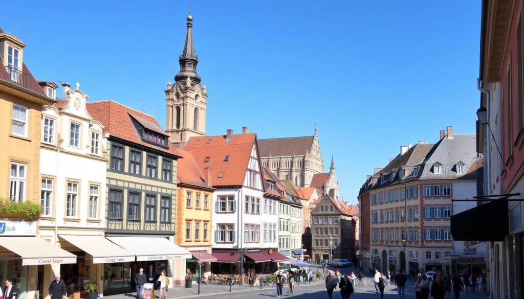 Panoramablick auf die Fuldaer Innenstadt mit Einkaufsstraßen und dem Dom im Hintergrund