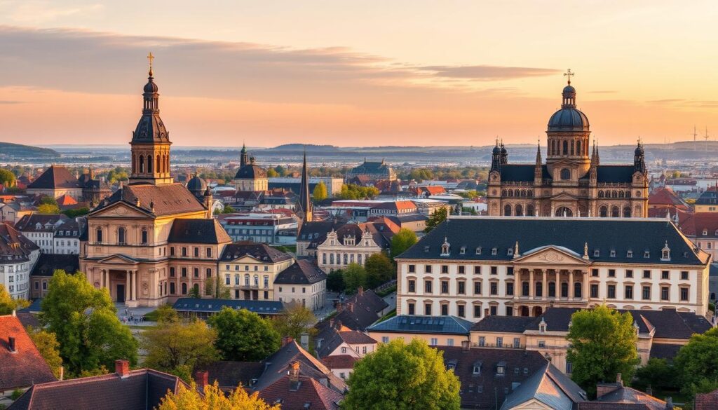 Panoramablick auf die barocken Sehenswürdigkeiten Fulda mit Dom und Stadtschloss