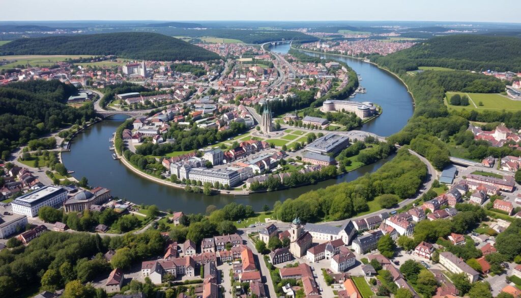 Panoramablick über Gießen mit Lahn, Stadtwald und grünen Flächen Panoramablick über Gießen mit Lahn, Stadtwald und grünen Flächen