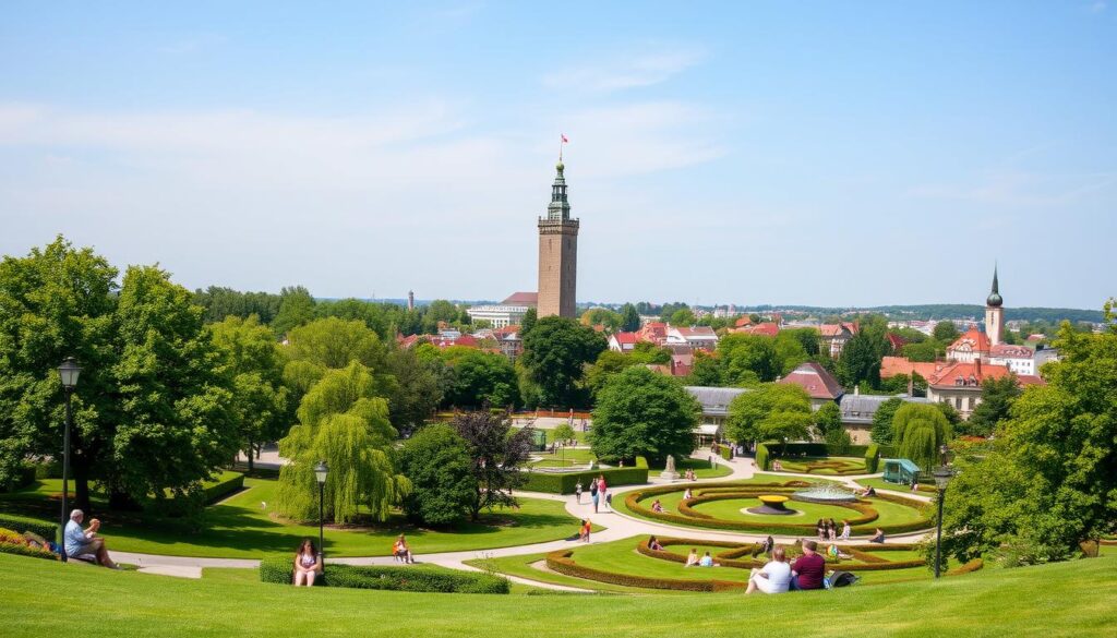 Panoramablick über die grünen Oasen von Darmstadt mit dem Hochzeitsturm im Hintergrund