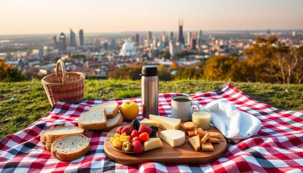 Picknick-Frühstück mit Blick auf die Frankfurter Skyline vom Lohrberg Picknick-Frühstück mit Blick auf die Frankfurter Skyline vom Lohrberg