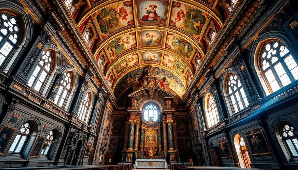 Prachtvolles Inneres des Dom St. Salvator mit barocken Verzierungen und Altar Prachtvolles Inneres des Dom St. Salvator mit barocken Verzierungen und Altar