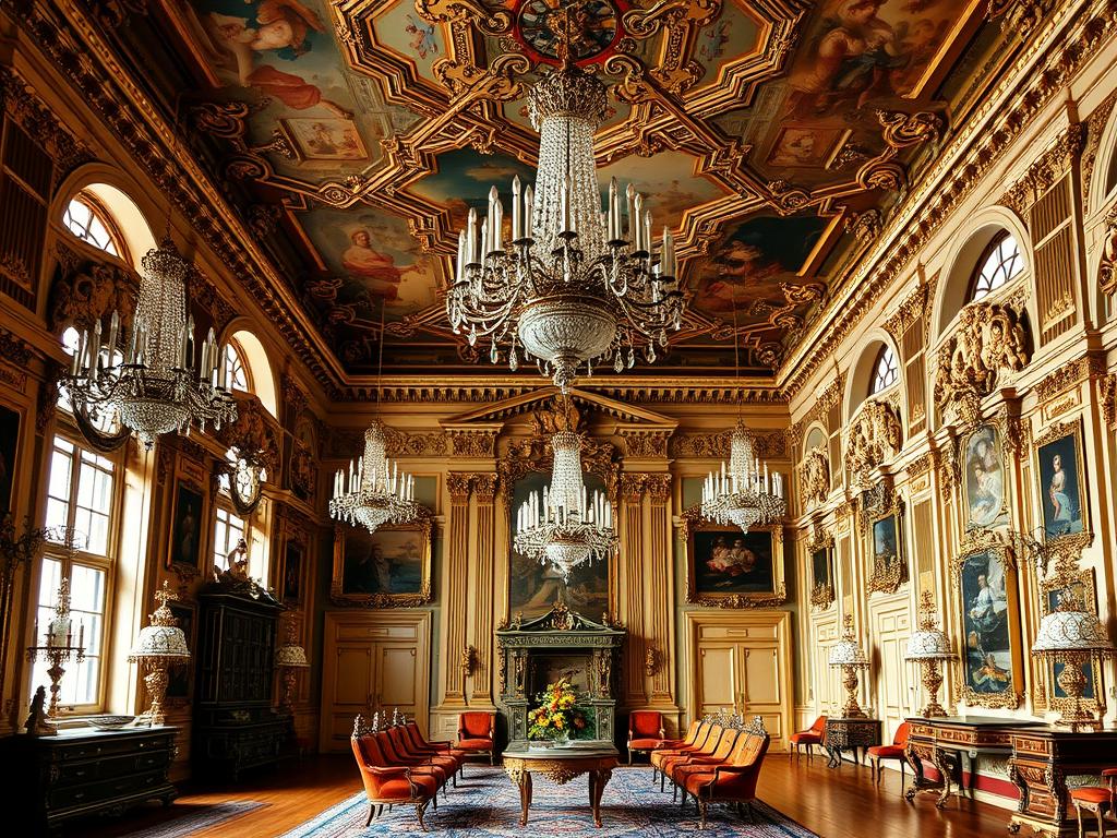 Prunkvoller Fürstensaal im Stadtschloss Fulda mit barocken Möbeln und Verzierungen Prunkvoller Fürstensaal im Stadtschloss Fulda mit barocken Möbeln und Verzierungen