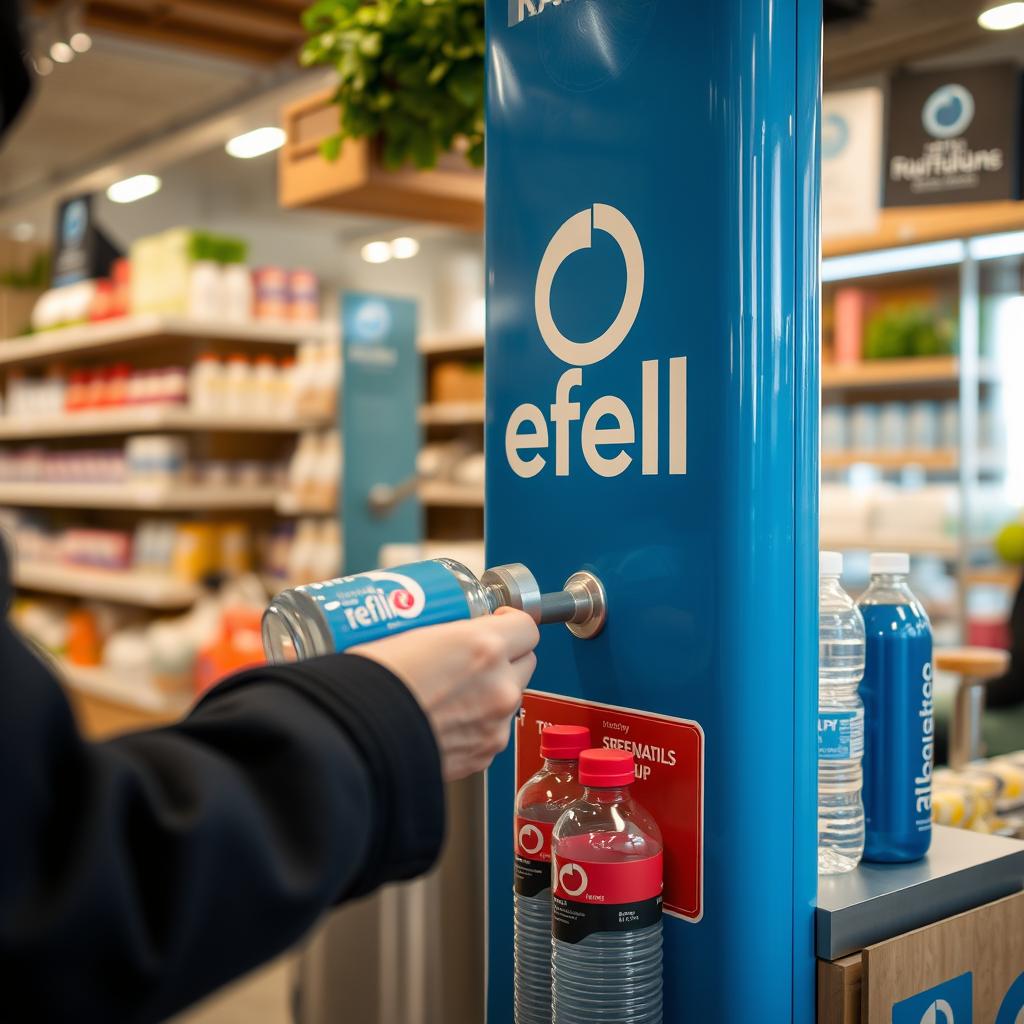 Refill-Station in einem Darmstädter Geschäft mit dem blauen Refill-Logo beim Shopping in Darmstadt Refill-Station in einem Darmstädter Geschäft mit dem blauen Refill-Logo beim Shopping in Darmstadt