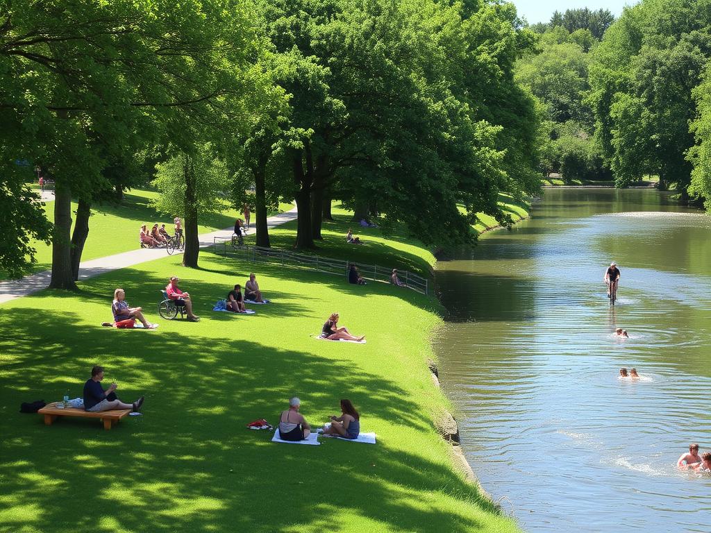 Sommerliche Fulda-Aue mit Menschen beim Picknick, Radfahren und Baden - perfekte Saison für Natur und Erholung Fulda Sommerliche Fulda-Aue mit Menschen beim Picknick, Radfahren und Baden - perfekte Saison für Natur und Erholung Fulda
