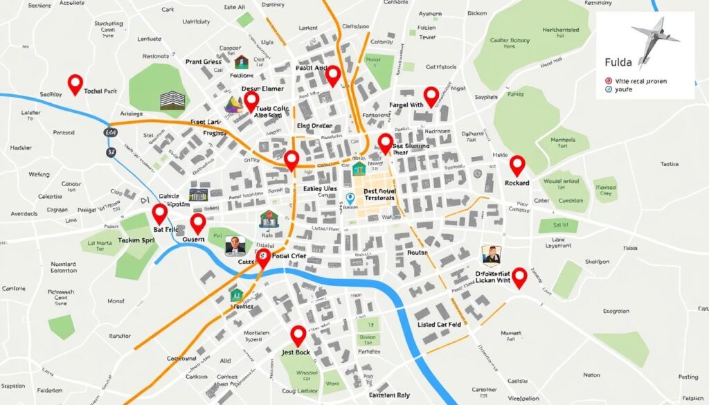 Stadtplan von Fulda mit markierten Museumsstandorten und Sehenswürdigkeiten