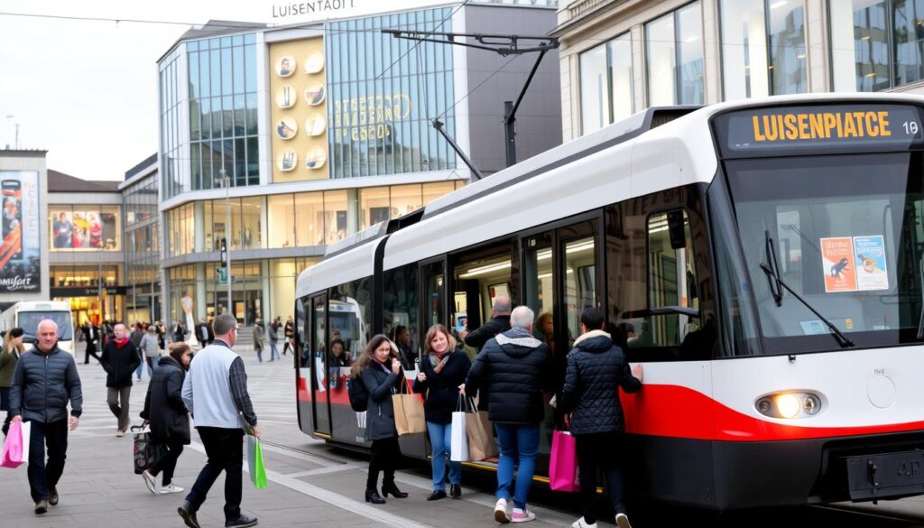 Straßenbahn am Luisenplatz in Darmstadt mit Einkaufenden beim Shopping in Darmstadt Straßenbahn am Luisenplatz in Darmstadt mit Einkaufenden beim Shopping in Darmstadt