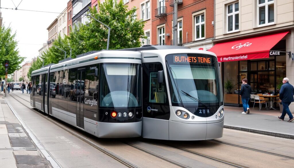 Straßenbahn in Darmstadt in der Nähe beliebter Cafés im Martinsviertel Straßenbahn in Darmstadt in der Nähe beliebter Cafés im Martinsviertel