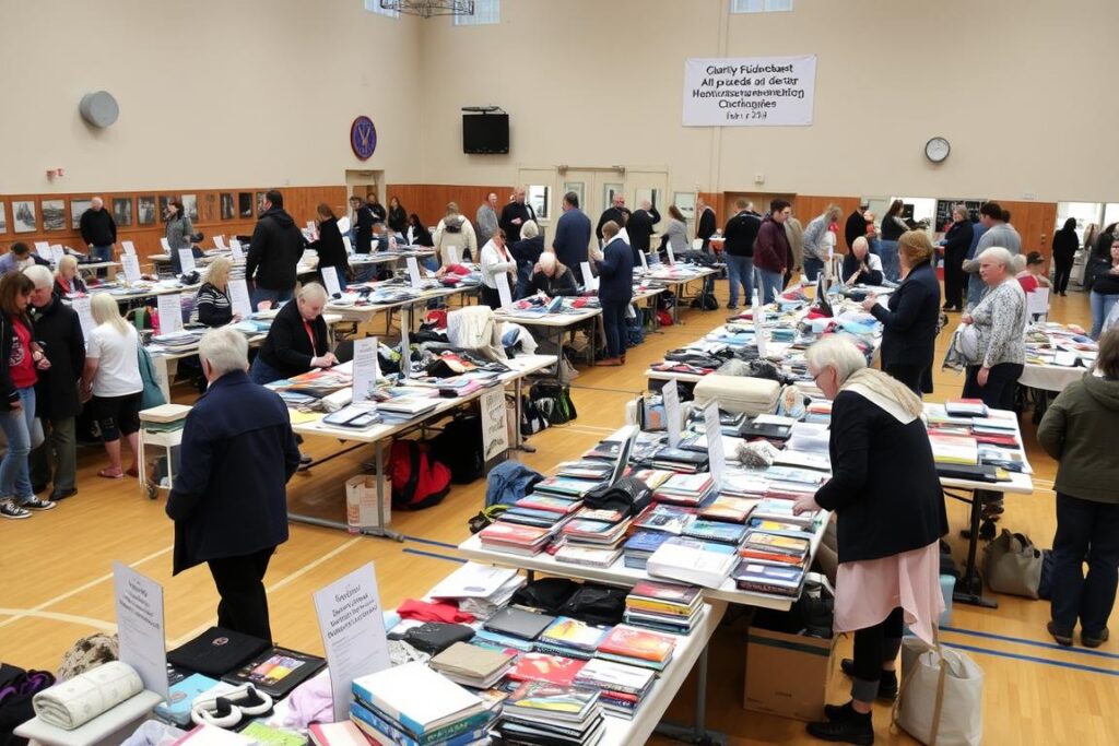 Südostbasar Wohltätigkeitsflohmarkt in Darmstadt mit vielen Ständen und Besuchern Südostbasar Wohltätigkeitsflohmarkt in Darmstadt mit vielen Ständen und Besuchern