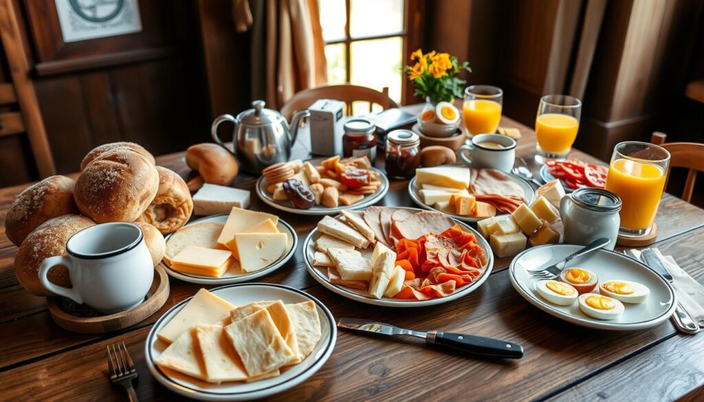 Typisches deutsches Frühstück in Darmstadt mit Brötchen, Käse, Wurst und Ei Typisches deutsches Frühstück in Darmstadt mit Brötchen, Käse, Wurst und Ei