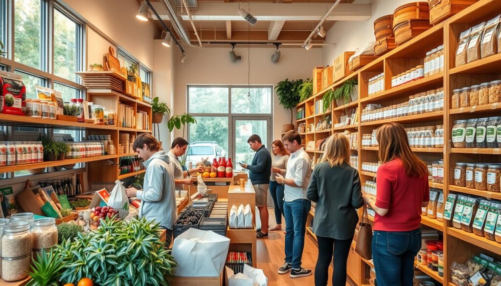 Unverpackt-Laden in Darmstadt mit Kunden, die nachhaltig einkaufen beim Shopping in Darmstadt Unverpackt-Laden in Darmstadt mit Kunden, die nachhaltig einkaufen beim Shopping in Darmstadt