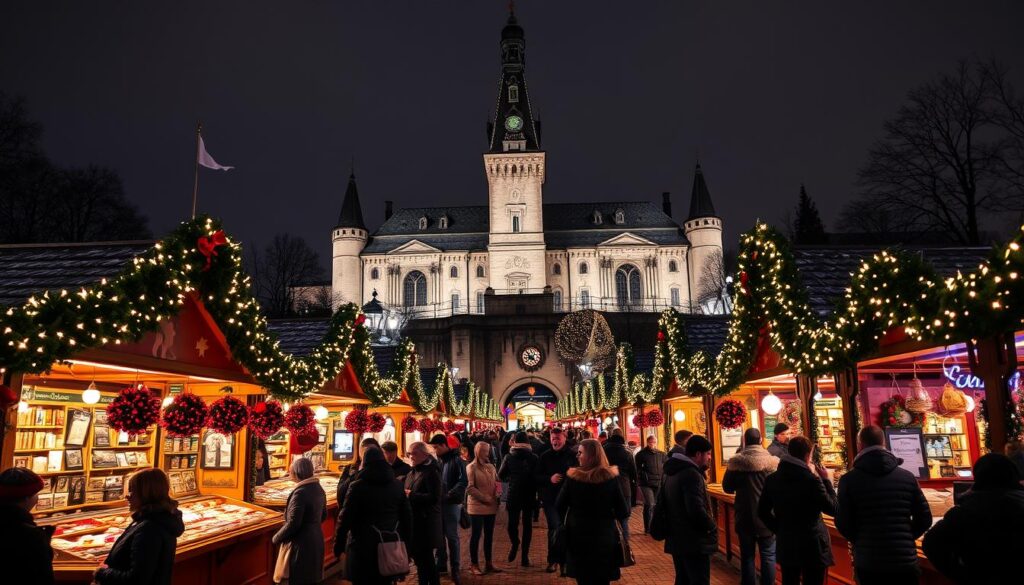Weihnachtsmarkt in Darmstadt mit festlich geschmückten Ständen und Besuchern beim Shopping in Darmstadt Weihnachtsmarkt in Darmstadt mit festlich geschmückten Ständen und Besuchern beim Shopping in Darmstadt