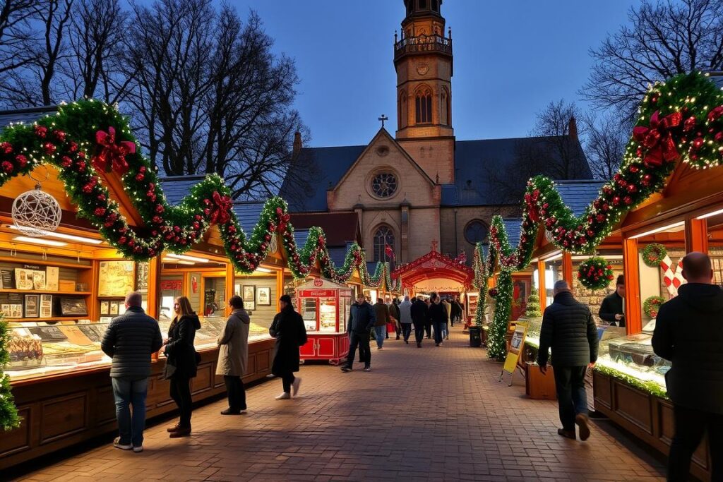 Weihnachtsmarkt in Fulda mit festlich geschmückten Ständen vor dem Dom Weihnachtsmarkt in Fulda mit festlich geschmückten Ständen vor dem Dom