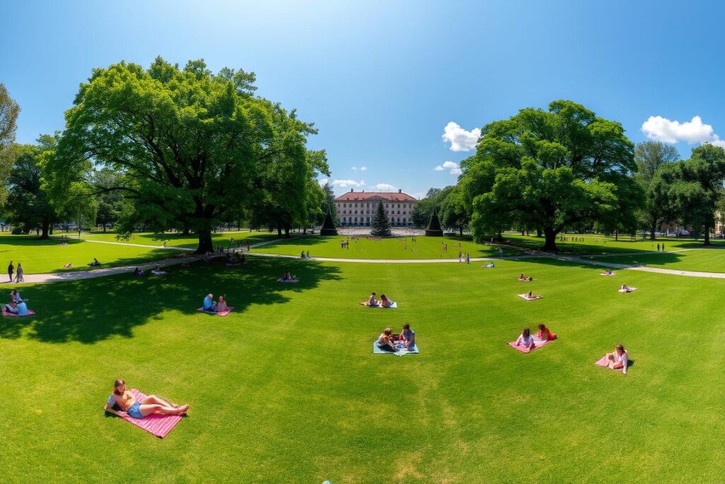 Weitläufige Wiesen im Herrngarten Darmstadt mit Menschen, die entspannen und picknicken Weitläufige Wiesen im Herrngarten Darmstadt mit Menschen, die entspannen und picknicken