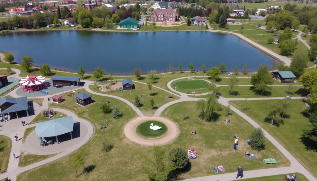 Wieseckaue Park in Gießen mit Teich, Spielplätzen und Erholungsflächen Wieseckaue Park in Gießen mit Teich, Spielplätzen und Erholungsflächen