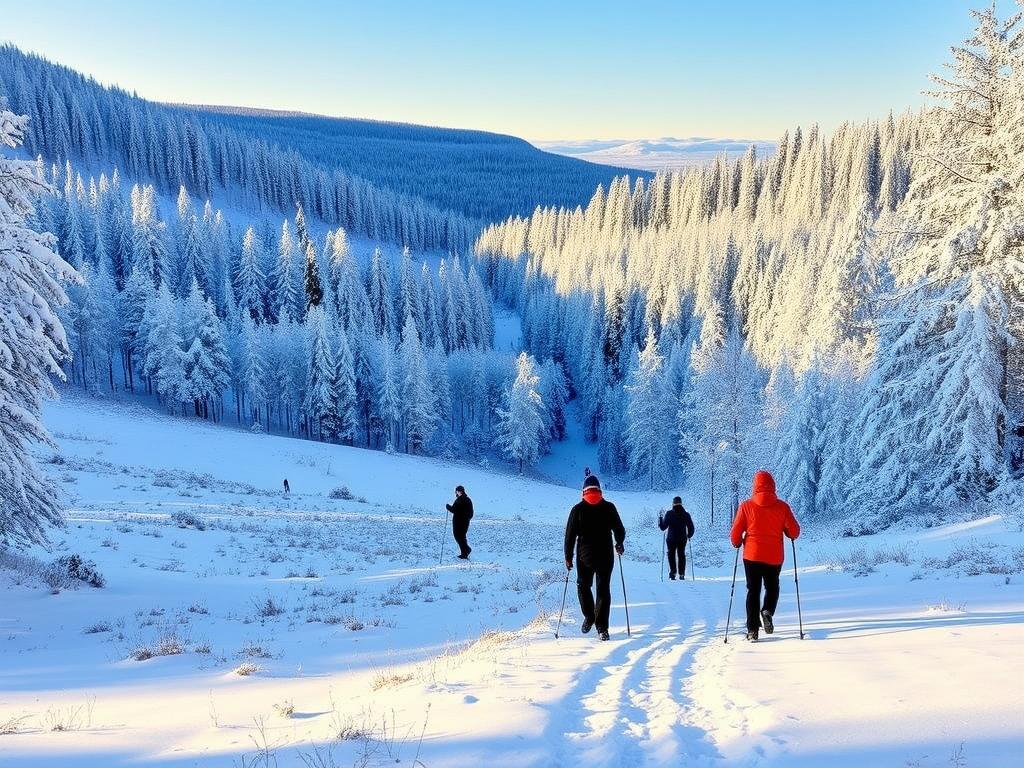 Winterliche Landschaft in der Rhön mit Schneeschuhwanderern und verschneiten Wäldern - magische Saison für Natur und Erholung Fulda Winterliche Landschaft in der Rhön mit Schneeschuhwanderern und verschneiten Wäldern - magische Saison für Natur und Erholung Fulda