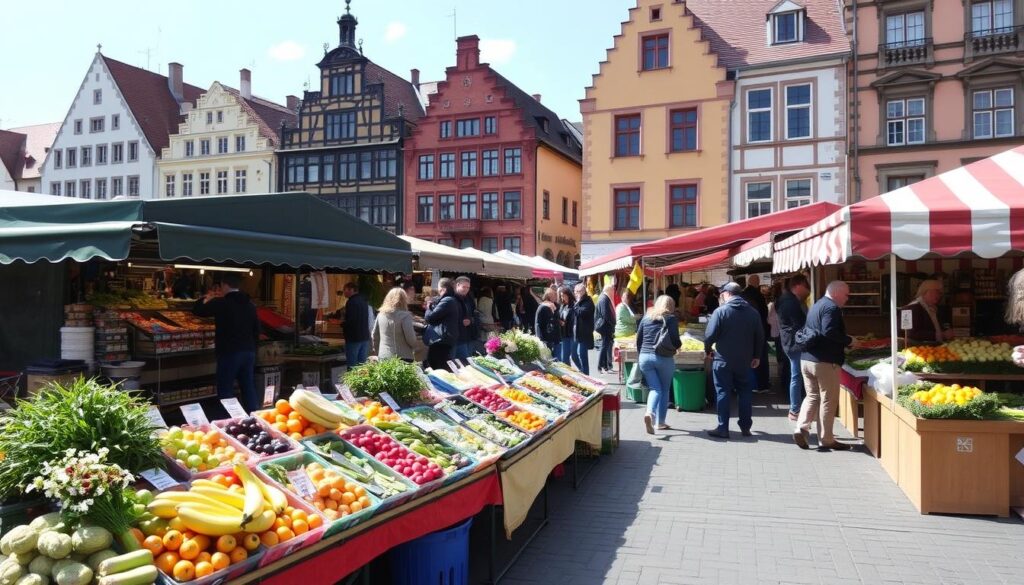 Wochenmarkt auf dem Darmstädter Marktplatz mit Ständen und Kunden beim Shopping in Darmstadt Wochenmarkt auf dem Darmstädter Marktplatz mit Ständen und Kunden beim Shopping in Darmstadt