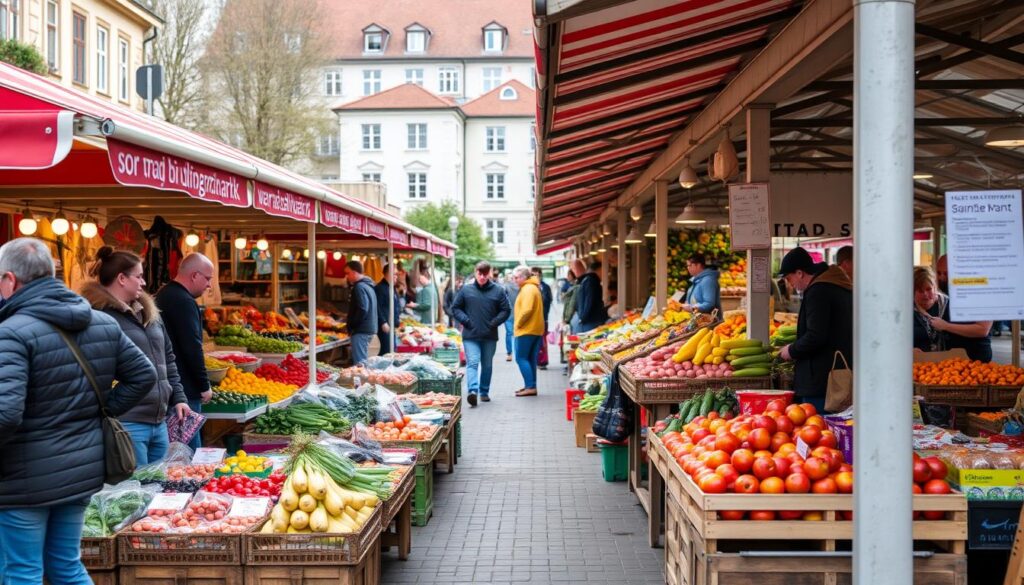 Wochenmarkt auf dem Universitätsplatz in Fulda mit bunten Ständen und frischen Produkten Wochenmarkt auf dem Universitätsplatz in Fulda mit bunten Ständen und frischen Produkten