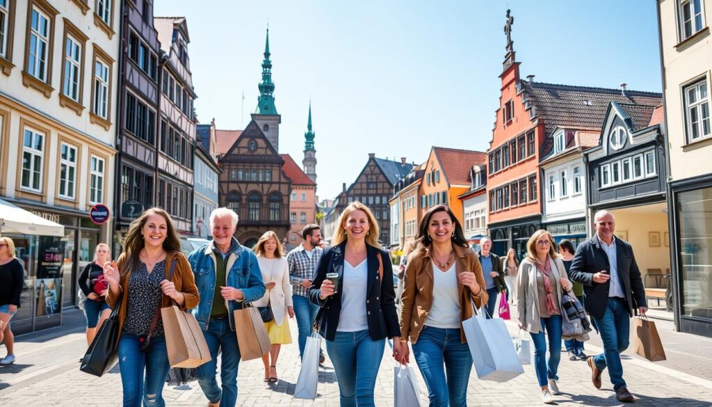 Zufriedene Einkäufer mit Einkaufstüten in der Darmstädter Innenstadt beim Shopping in Darmstadt Zufriedene Einkäufer mit Einkaufstüten in der Darmstädter Innenstadt beim Shopping in Darmstadt