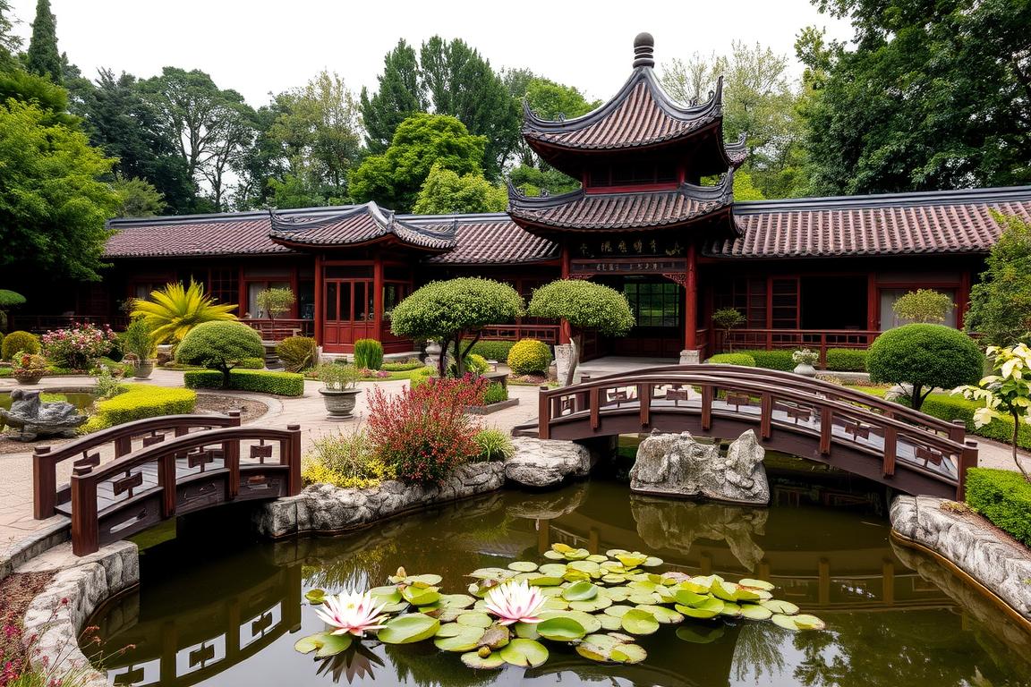 Der chinesische Garten im Bethmannpark mit traditioneller Pagode und Teich