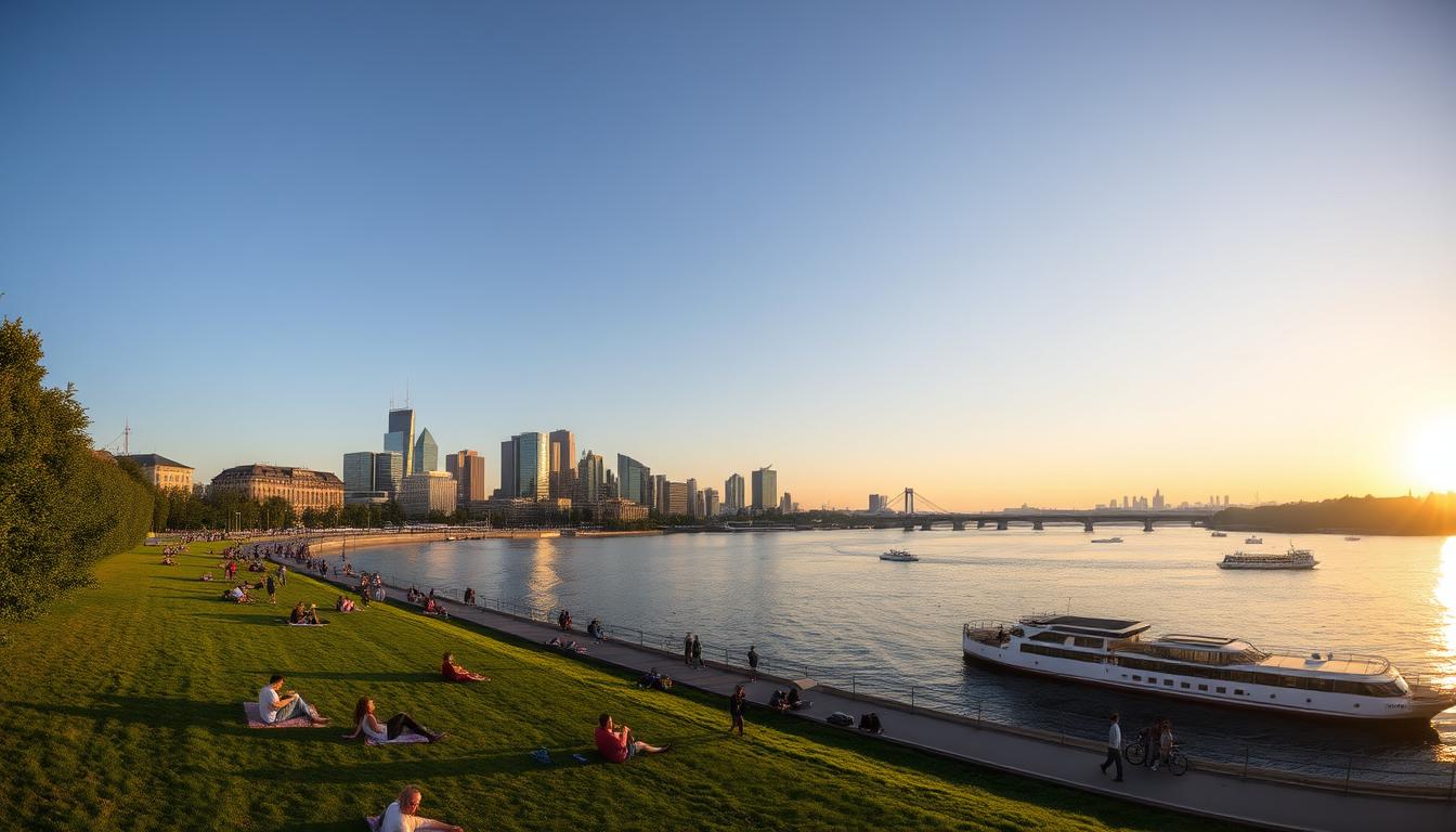 Das Mainufer in Frankfurt mit Skyline im Hintergrund und Menschen, die am Flussufer entspannen