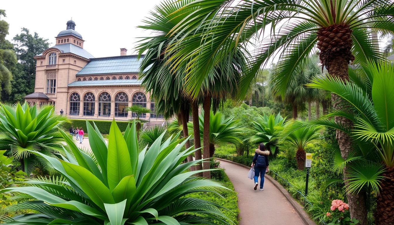 Der Palmengarten Frankfurt mit seinen exotischen Pflanzen und dem Palmenhaus im Hintergrund