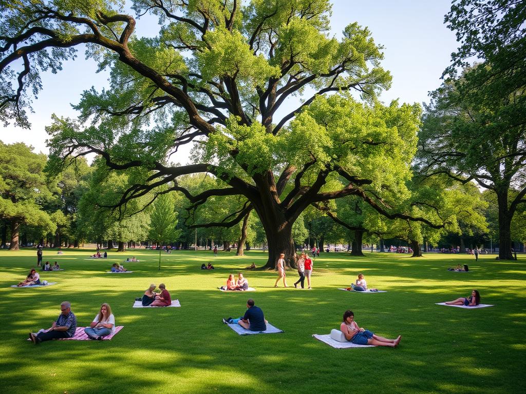 Weitläufige Wiesen im Grüneburgpark Frankfurt mit Menschen, die entspannen und picknicken